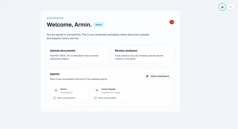 Signed-in AI Document Analysis Sandbox dashboard with available agents